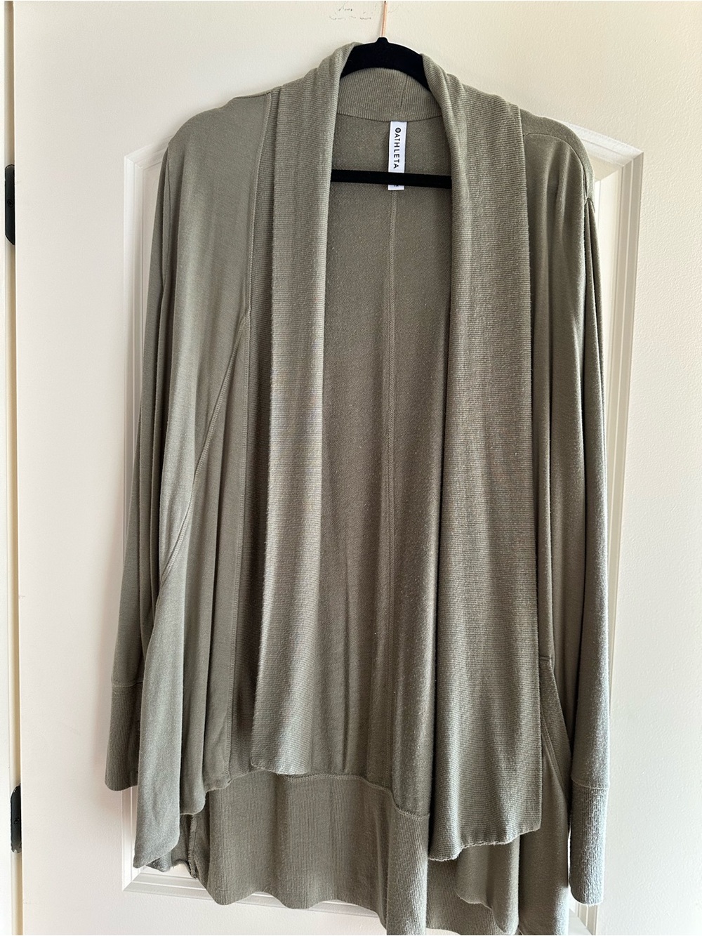 Athleta “Barefoot Dreams type” Olive Open-Front Draped Cardigan Sweater. In GUC